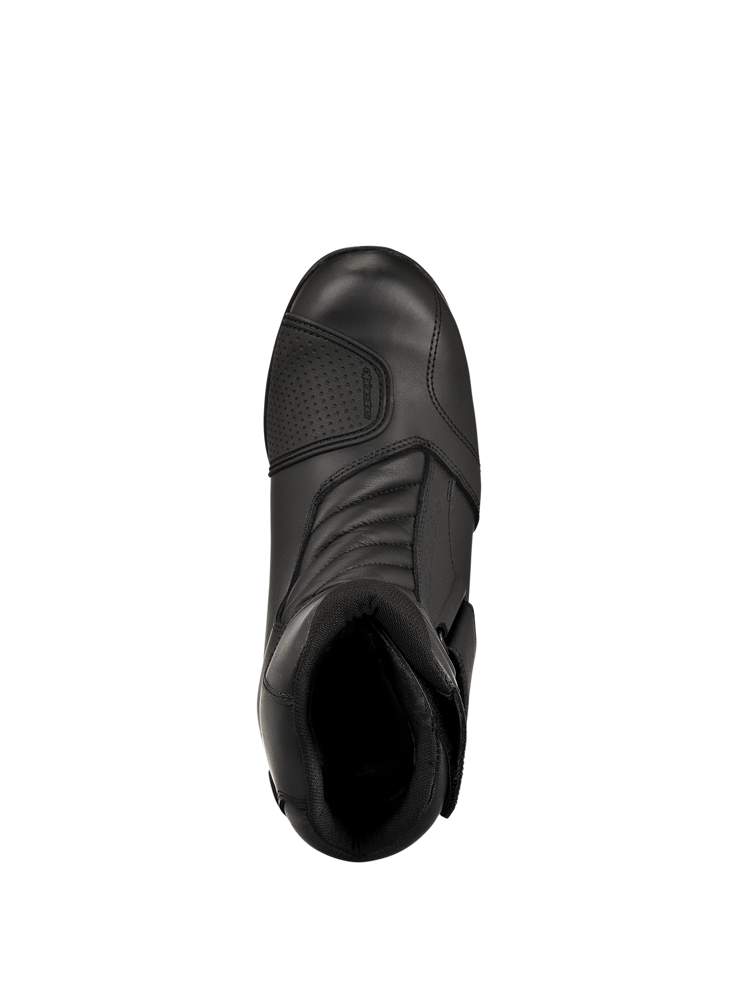 Alpinestars New Land GORE-TEX Boots, Black, top-down view, featuring full-grain leather construction, front accordion flex zones, and a reinforced shift pad, mid-length waterproof road touring motorcycle boots