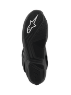 Alpinestars SMX-6 V3 GORE-TEX Boots, Motorcycle Boots, Black, bottom sole view featuring a textured rubber tread pattern, white Alpinestars logo on the forefoot, and embossed branding on the heel
