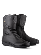 Alpinestars Web GORE-TEX Boots, Black waterproof motorcycle touring boots, leather construction with front and rear accordion flex zones, reinforced shift pad, and side-entry design for road riding.