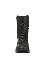 Alpinestars Web GORE-TEX Boots, Black Touring Motorcycle Boots, front-facing view featuring an embossed star logo on the shin, accordion flex zones for maneuverability, and durable leather construction.