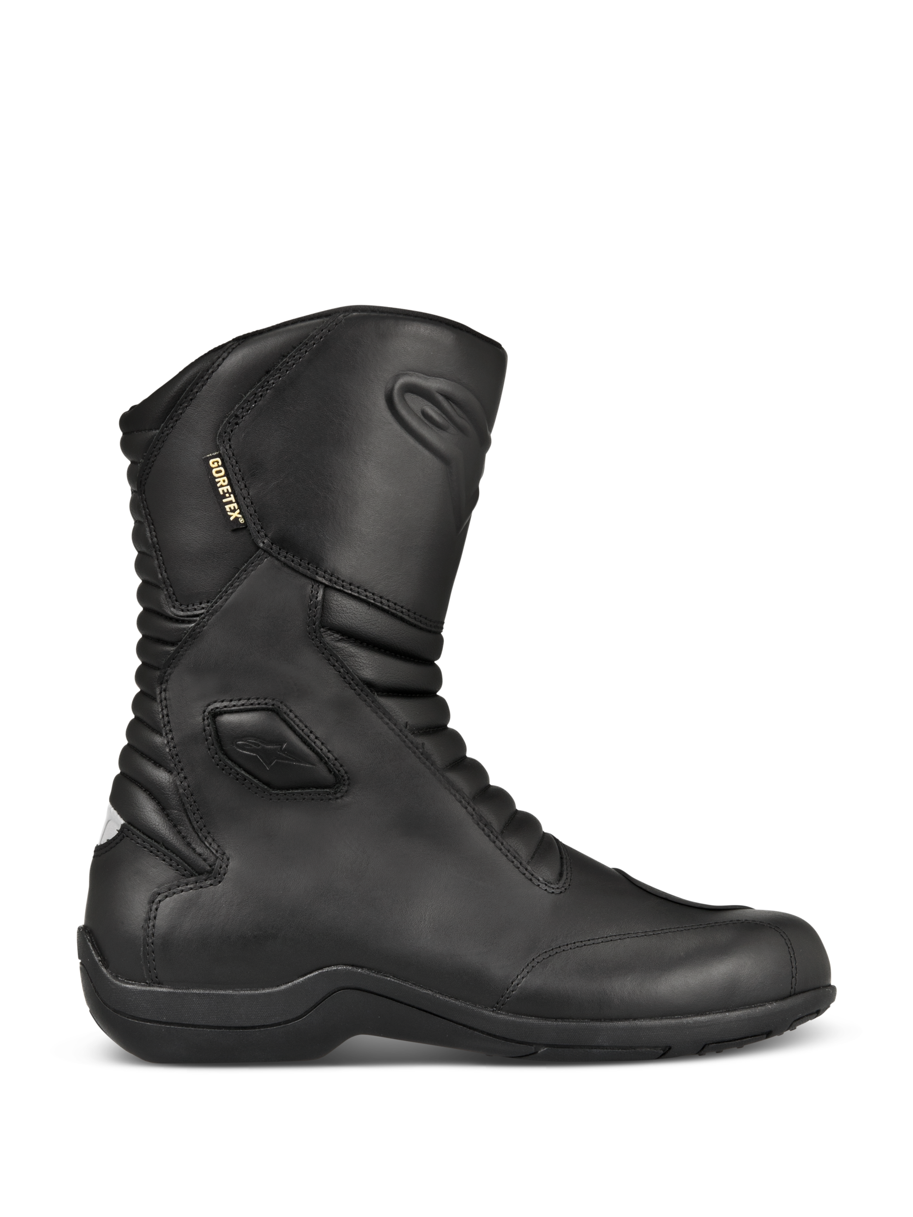Alpinestars Web GORE-TEX Boots, Black Leather Motorcycle Touring Boots, side profile view, waterproof GORE-TEX lining, reinforced ankle and toe protection, front and back accordion flex panels, durable rubber sole, sleek all-weather road gear