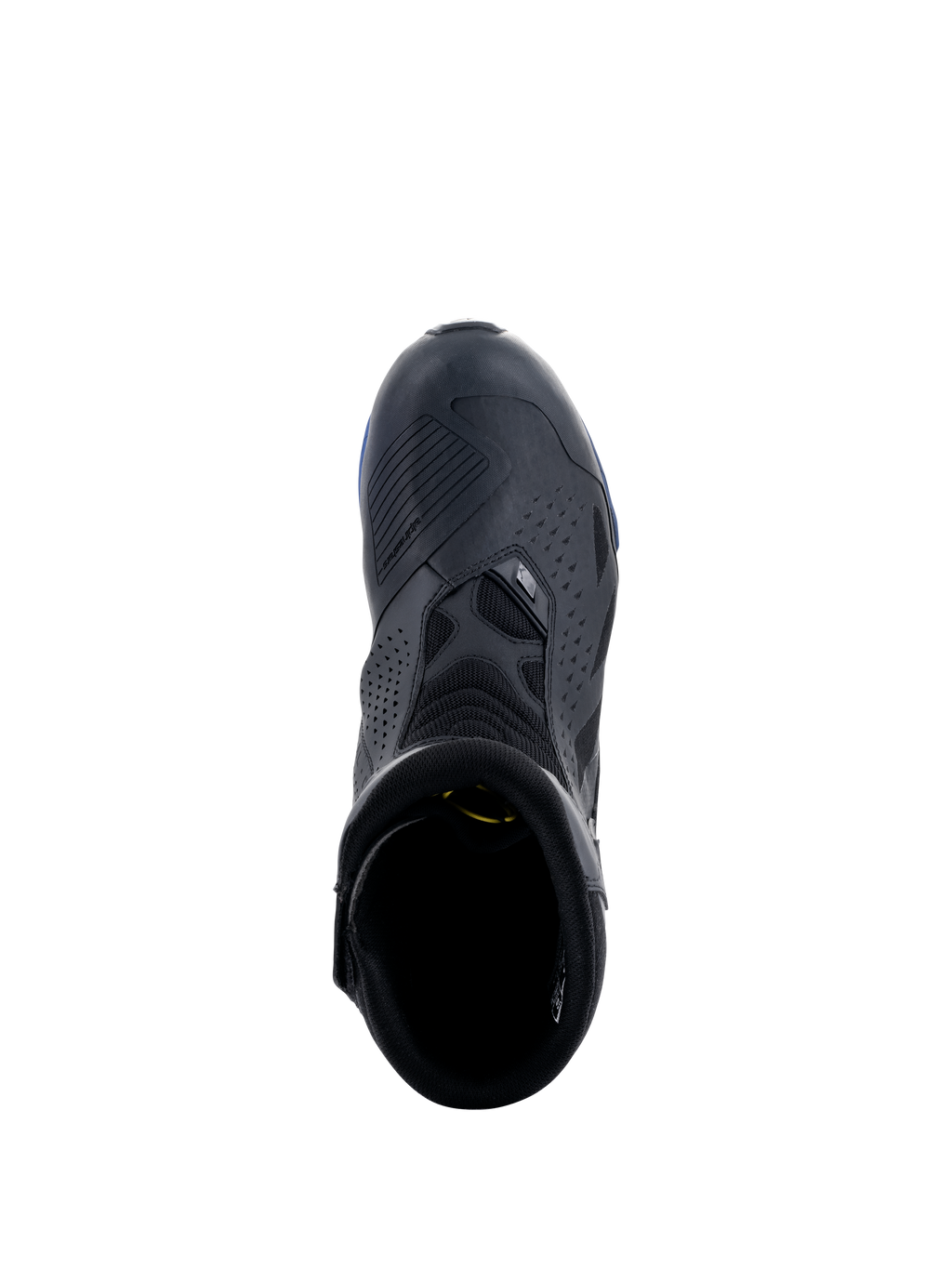 Alpinestars RT-8 GORE-TEX Boots, Black and Blue, top-down view showing the shift pad, perforated microfiber panels, and blue sole accents, technical waterproof touring motorcycle footwear