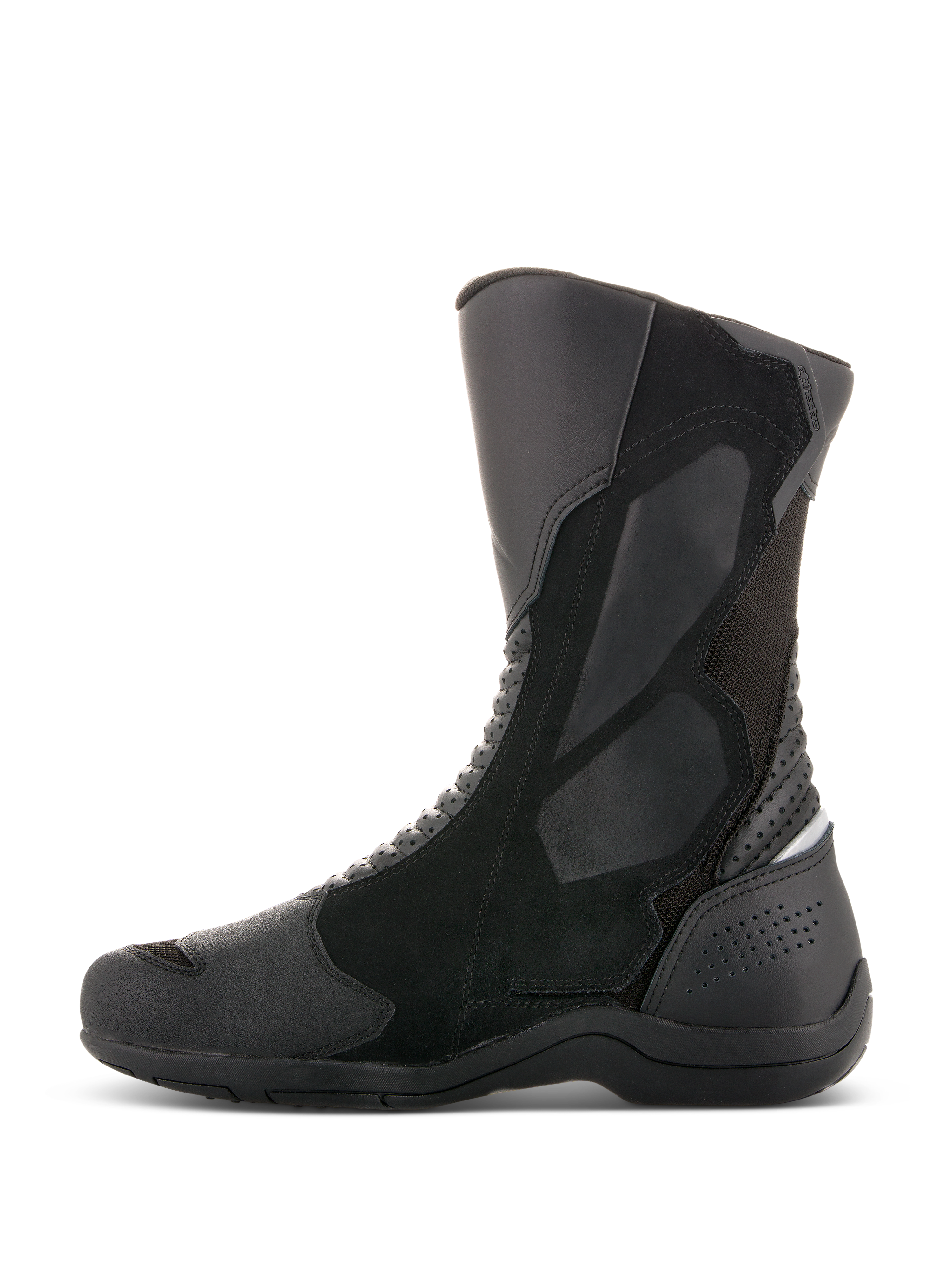 Alpinestars Air Plus V2 GORE-TEX Boots, Motorcycle Touring Boots, Black, side profile view, multi-material construction with ventilated mesh and leather panels, high-cut design with reinforced shin and heel protection for all-weather riding
