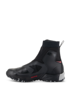 Alpinestars CR-8 GORE-TEX Shoes, Waterproof Riding Shoes, Black Mid Gray and Bright Red, side profile view featuring a sleek black textile upper, high-cut elasticated collar, 'ALPINESTARS PROTECTS' ankle branding, mid-gray heel support, and bright red accents.