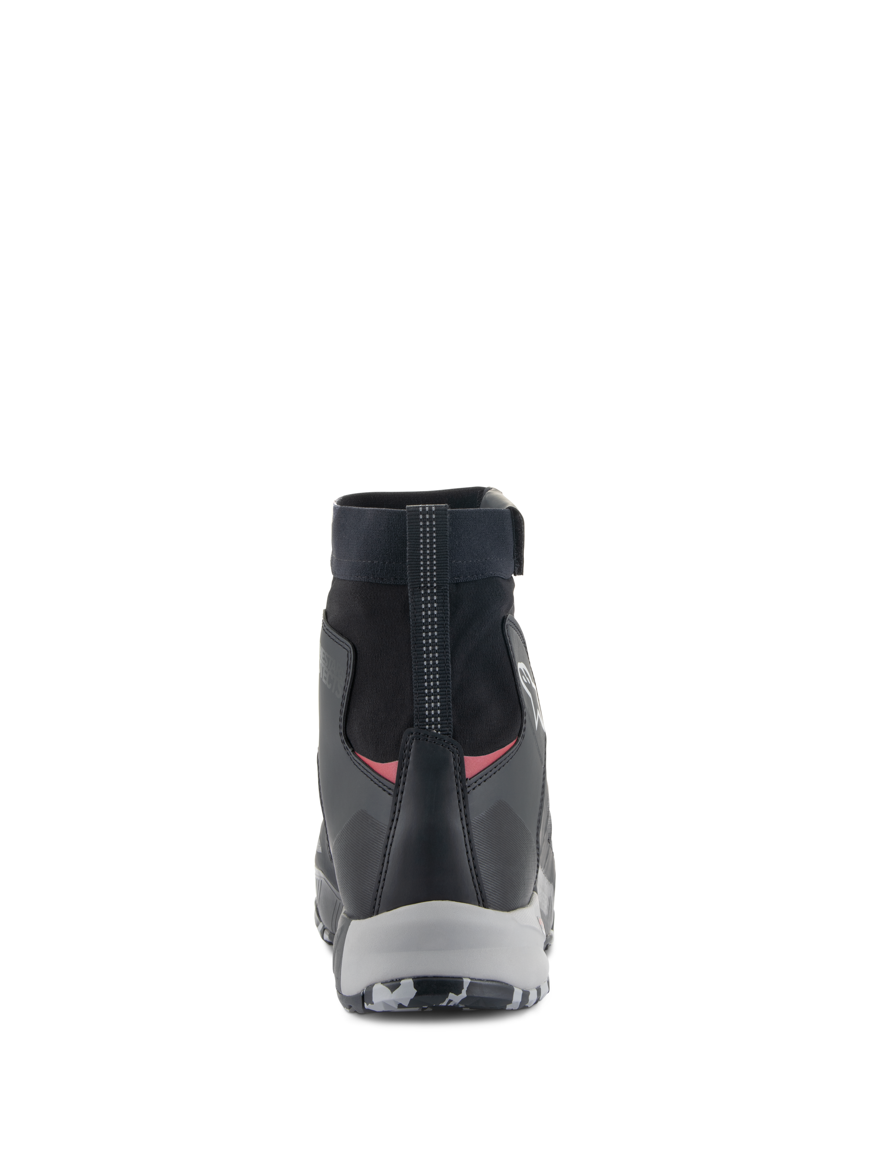 Alpinestars CR-8 GORE-TEX Shoes, Waterproof Riding Shoes, Black Mid Gray and Bright Red, rear view highlighting high-cut elasticated collar, reinforced heel counter, and gray midsole.