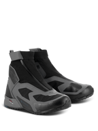 Alpinestars CR-8 GORE-TEX Shoes, Motorcycle Riding Shoes, Black Dark Gray and Petrol Blue, featuring a high-cut waterproof design with an angled zipper closure and GORE-TEX branding.