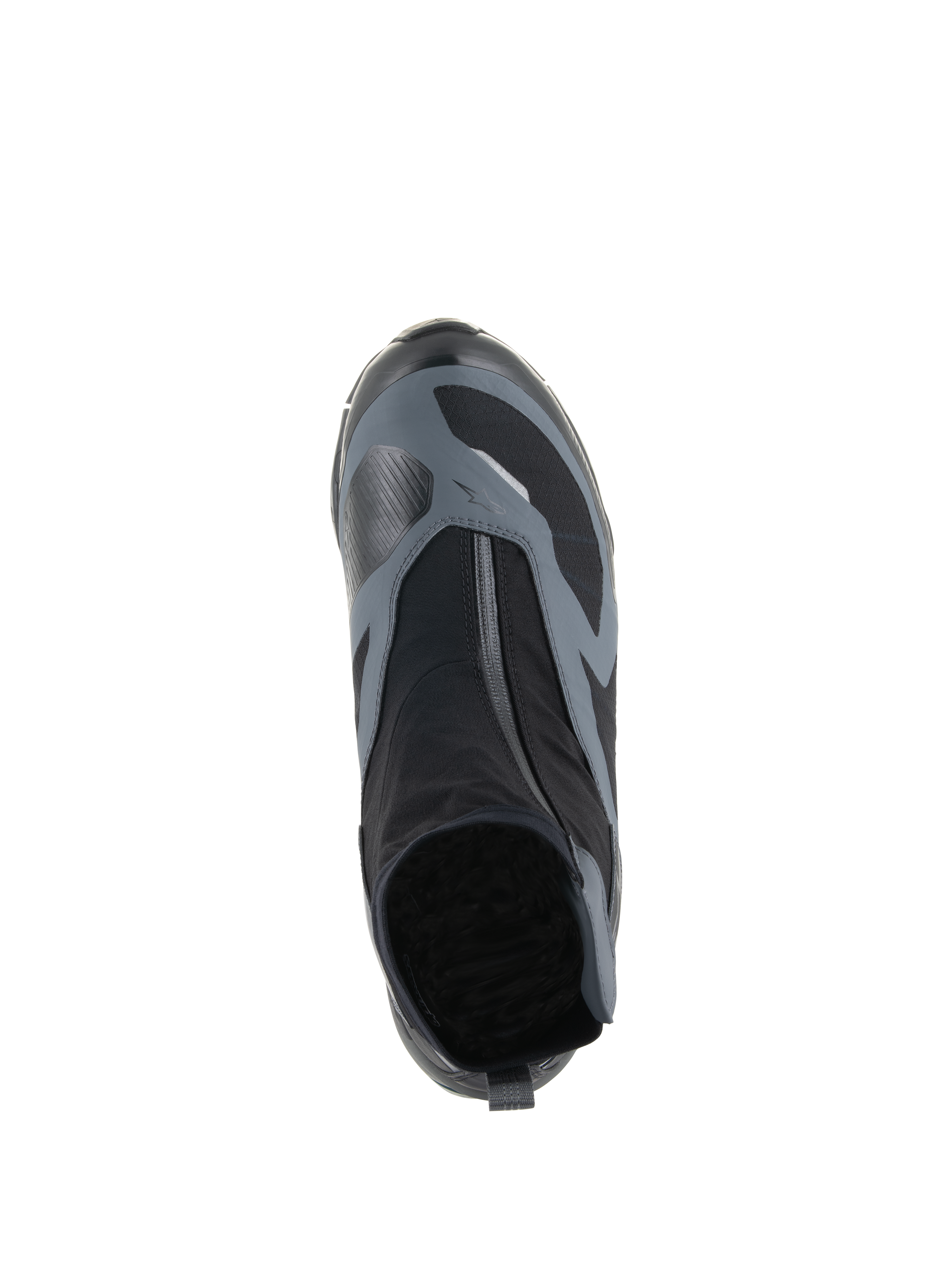 Alpinestars CR-8 GORE-TEX Shoes, Black and Dark Gray, top-down view showing the angled waterproof zipper and technical textile upper, designed for adventure touring.
