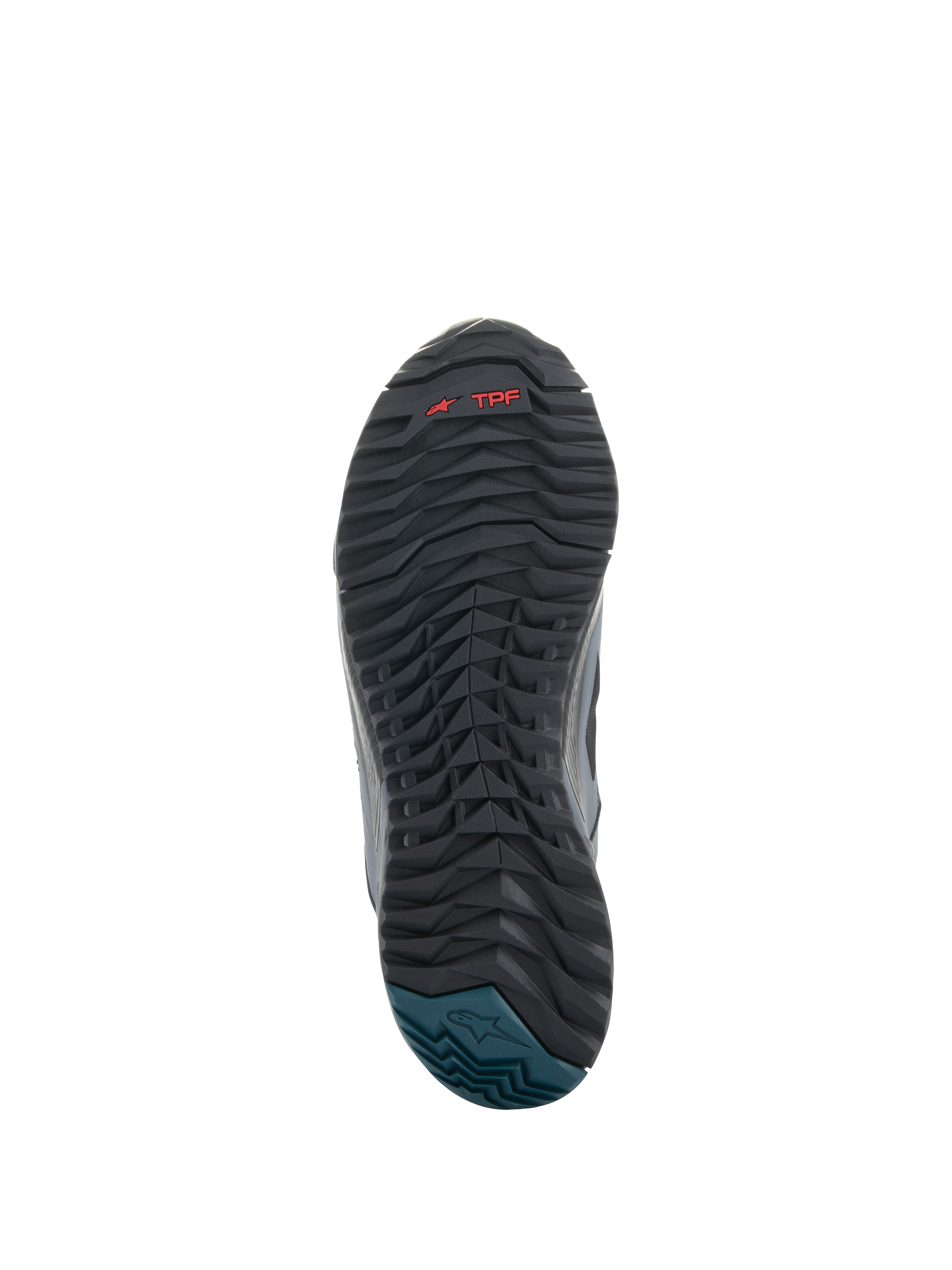 Alpinestars CR-8 GORE-TEX Shoes, Sole View, Black and Dark Gray rubber outsole with textured wavy tread, red TPF branding, Petrol Blue heel with Alpinestars logo, durable design for motorcycle riding