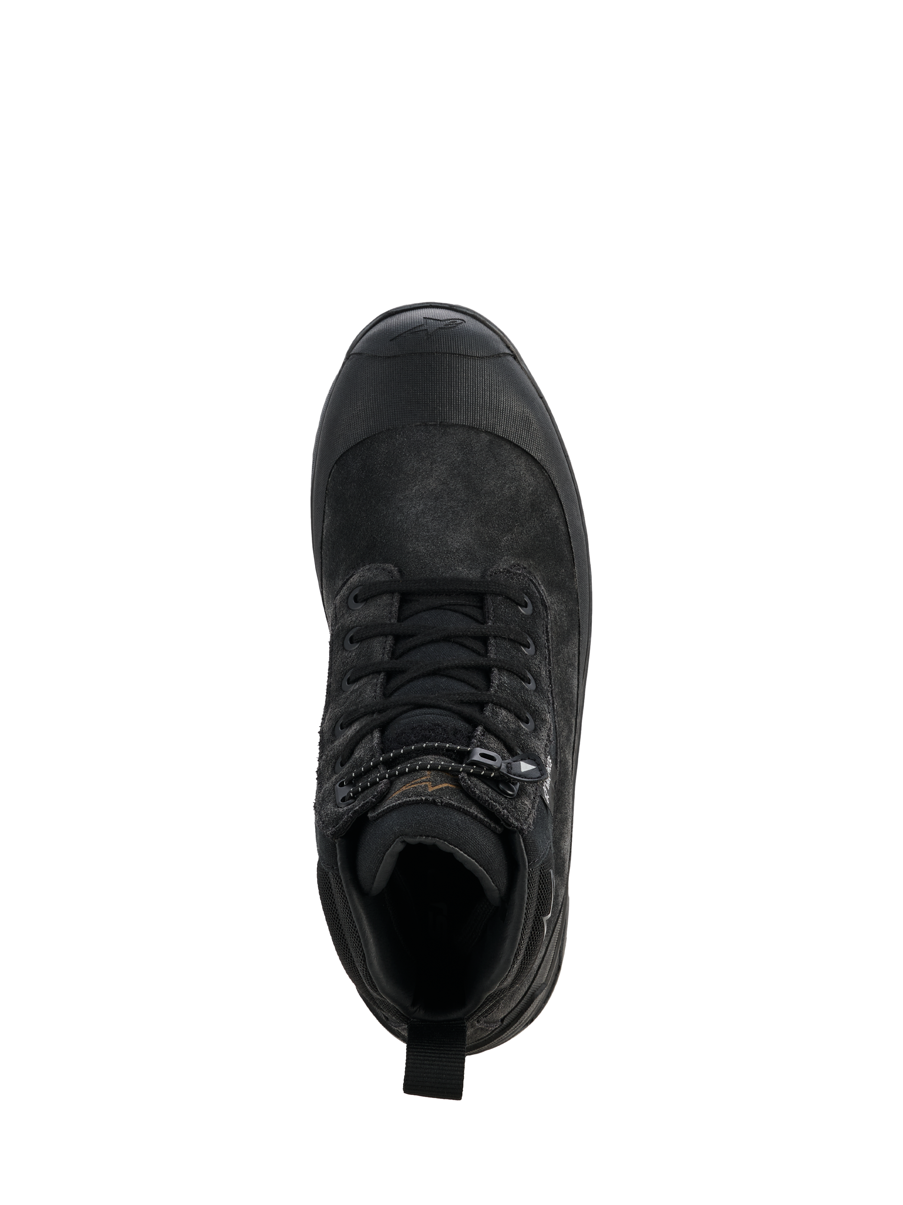 Alpinestars Woman Judy Waterproof Boots, Black, top-down view of a single motorcycle boot, combat-inspired design with laces and drawstring toggle closure, rubberized toe protection, durable leather and textile construction for road riding