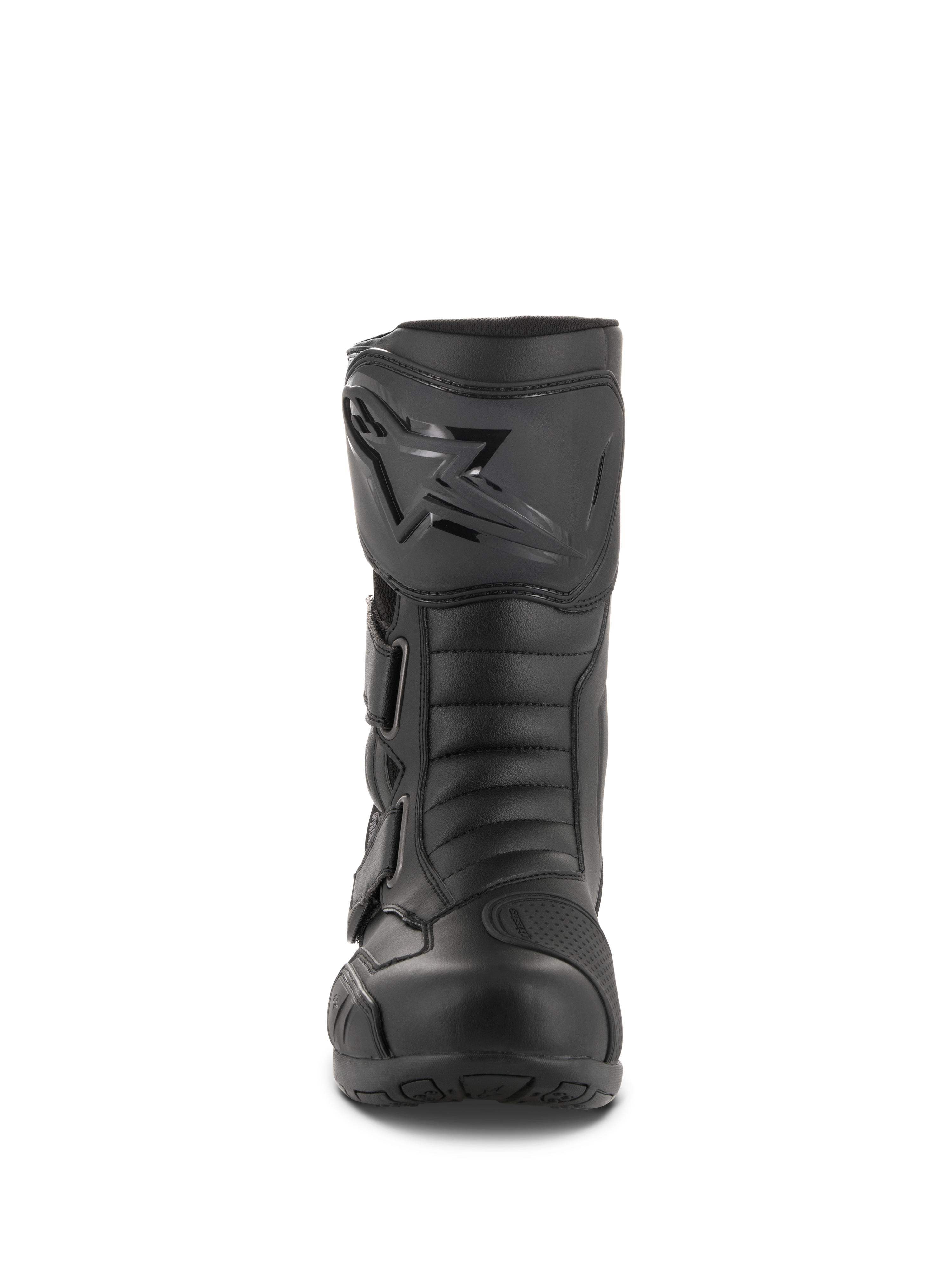 Alpinestars Radon Drystar® Boots, Waterproof Touring Motorcycle Boots, Black, front-facing view showing the shin plate with Alpinestars logo, adjustable straps, and reinforced toe box
