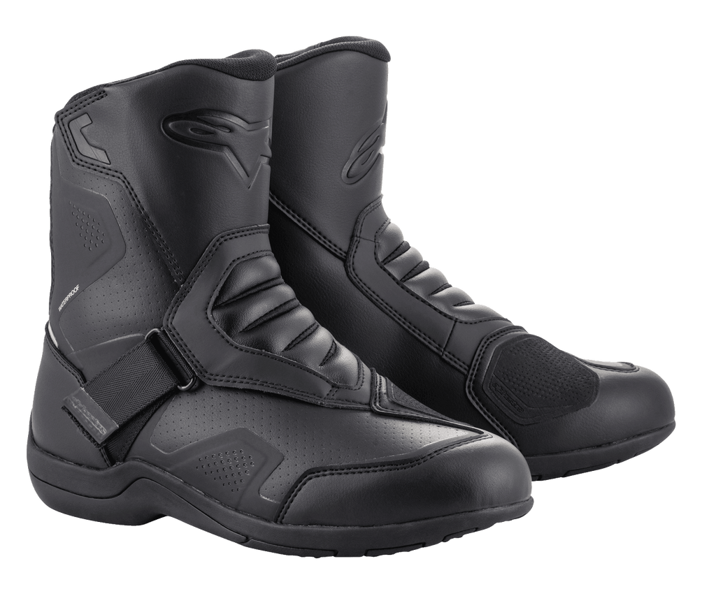 Alpinestars Ridge V2 Waterproof Boot, Motorcycle Boots, Black, durable microfiber construction with large Velcro strap closure, accordion-style flex panels, and subtle branding for a sleek tech-touring design.