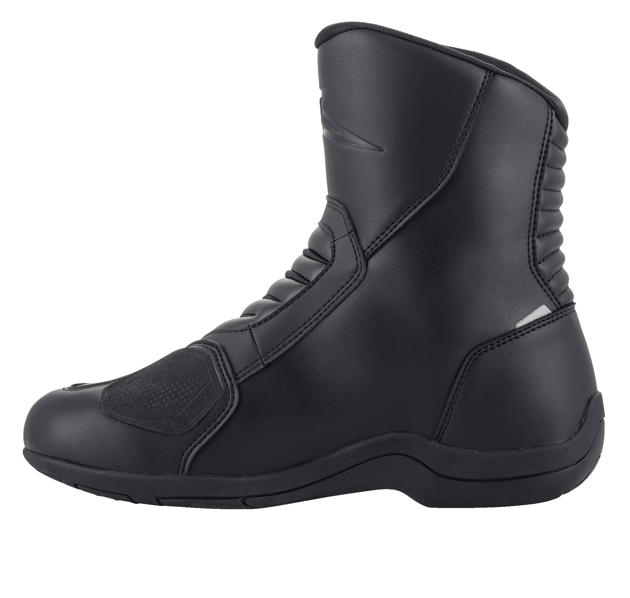 Alpinestars Ridge V2 Waterproof Boot, Technical Touring Motorcycle Boot, Black, durable microfiber construction, side profile view with accordion flex zones and reinforced shift pad protection