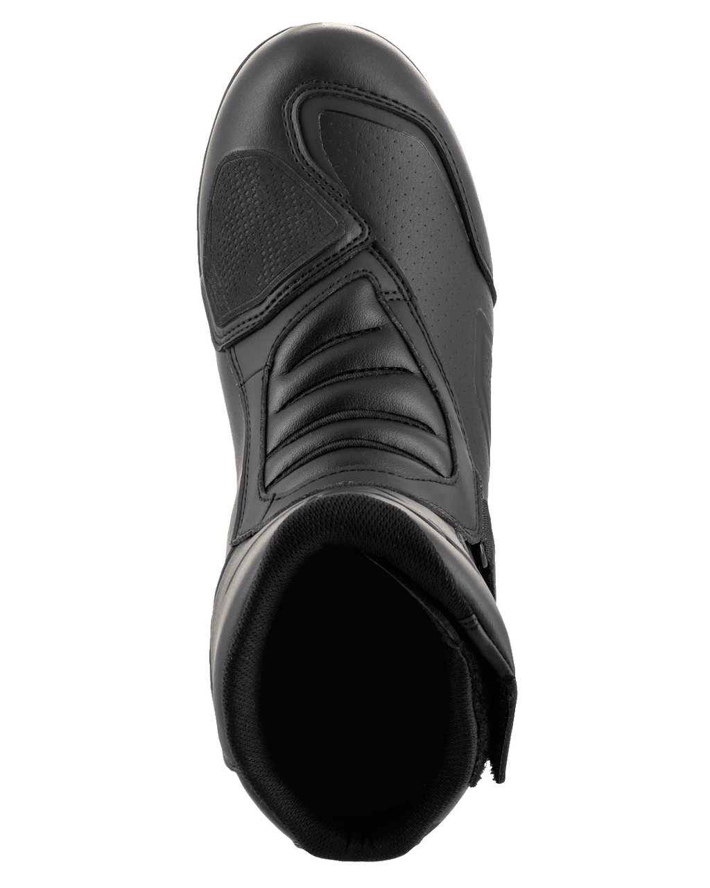 Alpinestars Ridge V2 Waterproof Boot, Black, top-down view showing toe shifter pad and accordion flex zones, durable microfiber construction with Velcro closure, designed for motorcycle touring and road riding