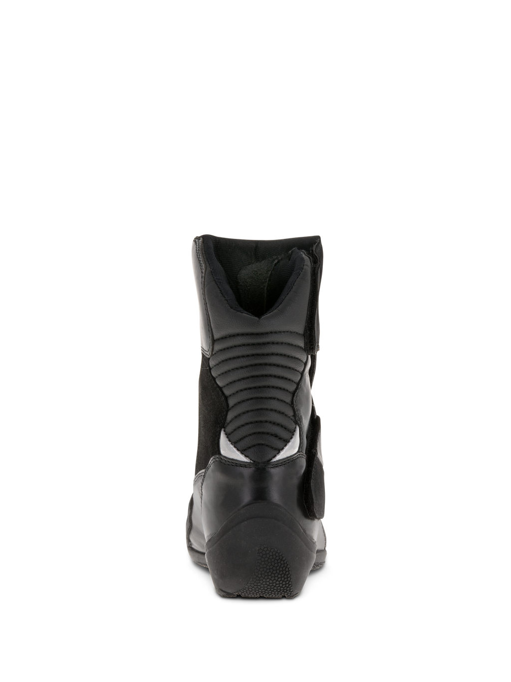 Alpinestars Women Stella Valencia Waterproof Boots, Black, rear view showing rear accordion flex zones, low-cut leather and suede motorcycle touring boots with textured heel
