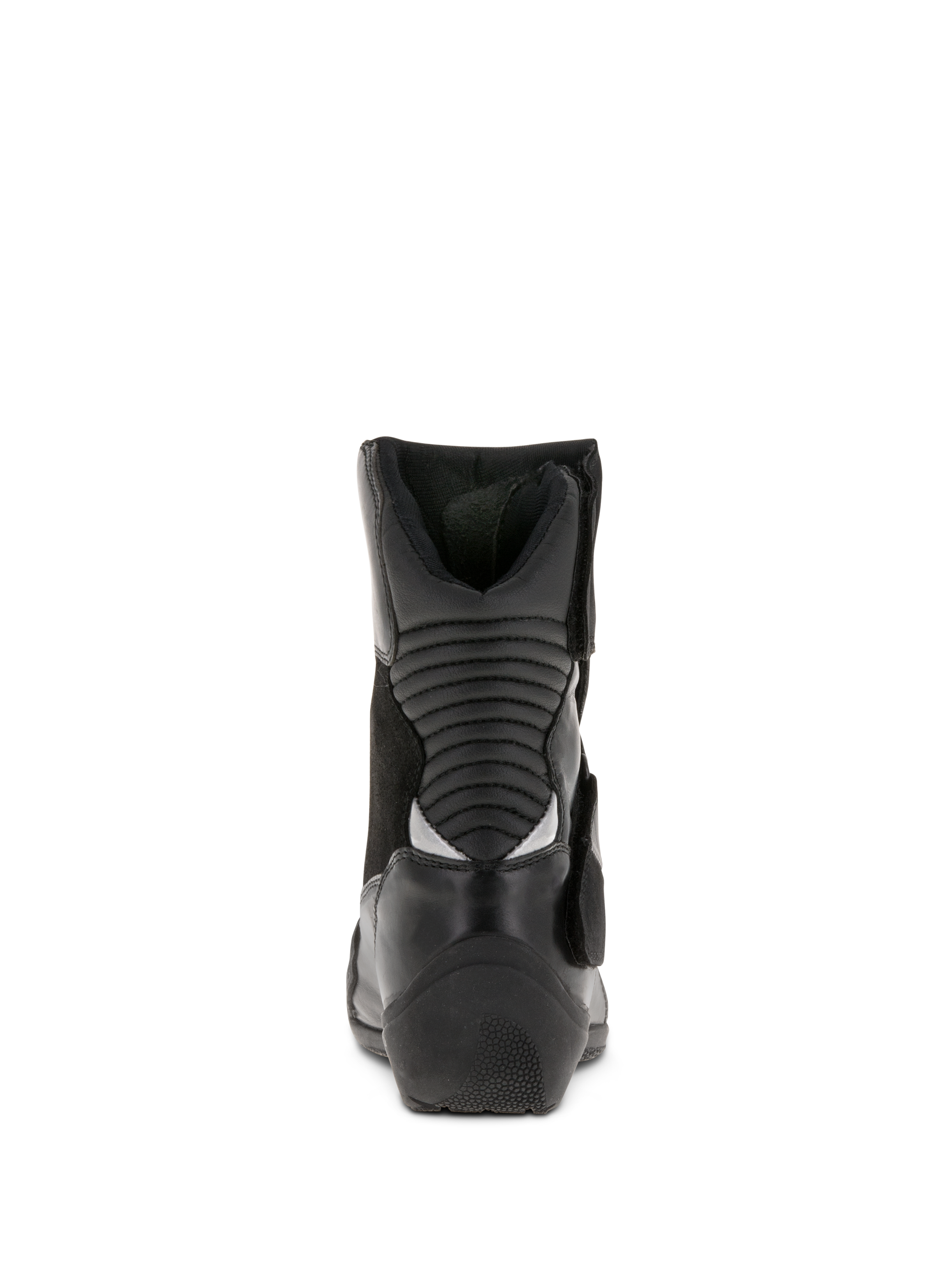 Alpinestars Women Stella Valencia Waterproof Boots, Black, rear view showing rear accordion flex zones, low-cut leather and suede motorcycle touring boots with textured heel