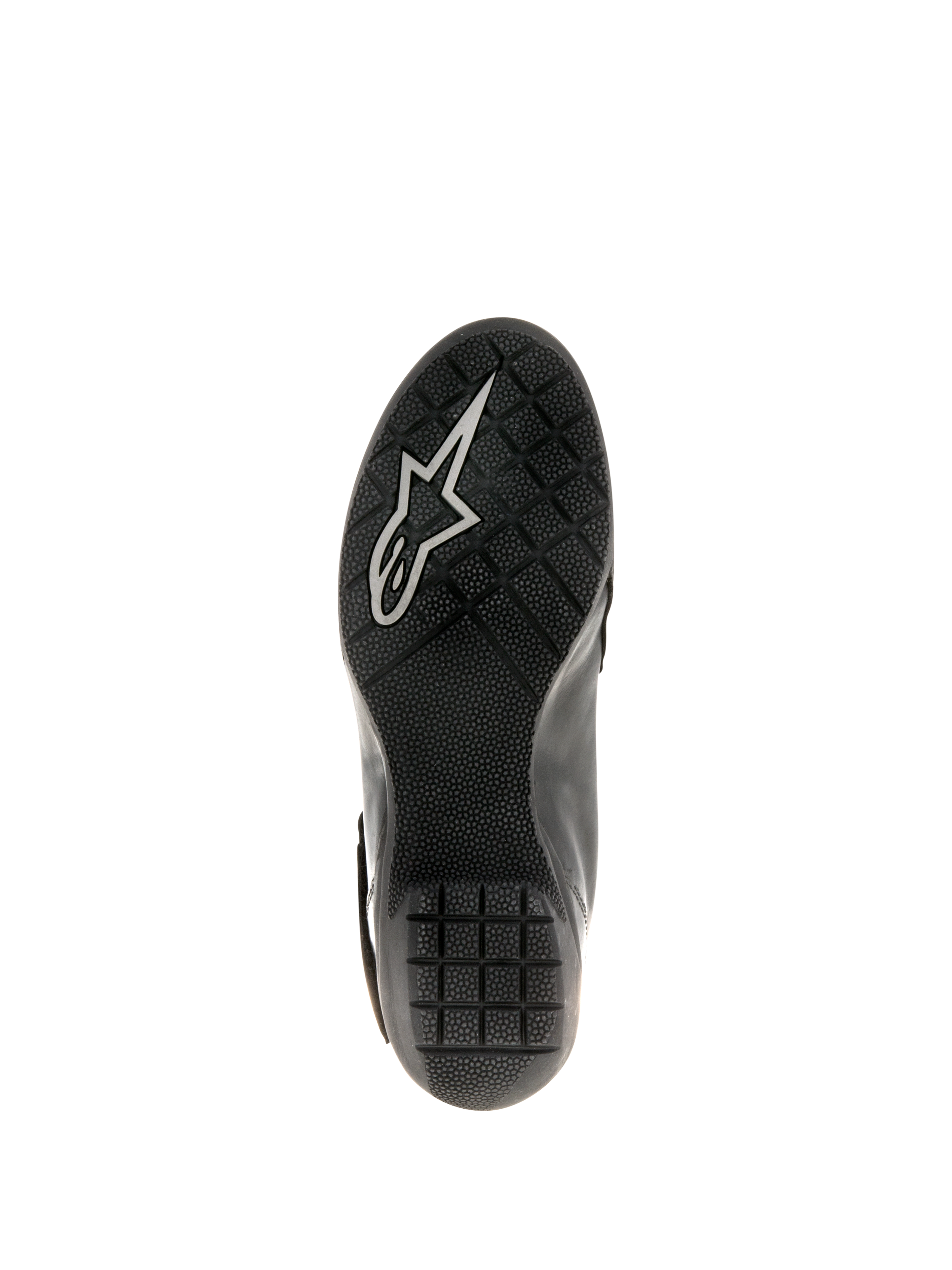 Alpinestars Women Stella Valencia Waterproof Boots, black, sole view showing textured rubber with anti-slip grip pattern and white Astars logo, designed for motorcycle touring stability.
