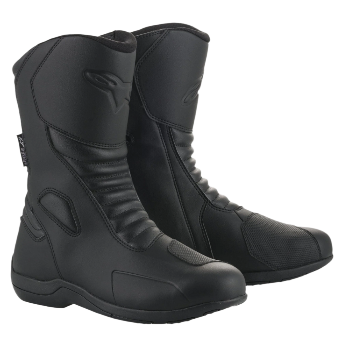 Alpinestars Origin Drystar® Boots, Black motorcycle touring boots, microfiber upper with front accordion flex zones, embossed Alpinestars logo on the calf, synthetic shift pad, sleek waterproof design for road and adventure riding