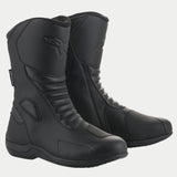 Alpinestars Origin Drystar® Boots, Waterproof Motorcycle Touring Boots, Black, featuring microfiber upper with front and rear accordion flex zones, synthetic shift pad, and embossed logo, designed for road and adventure riding