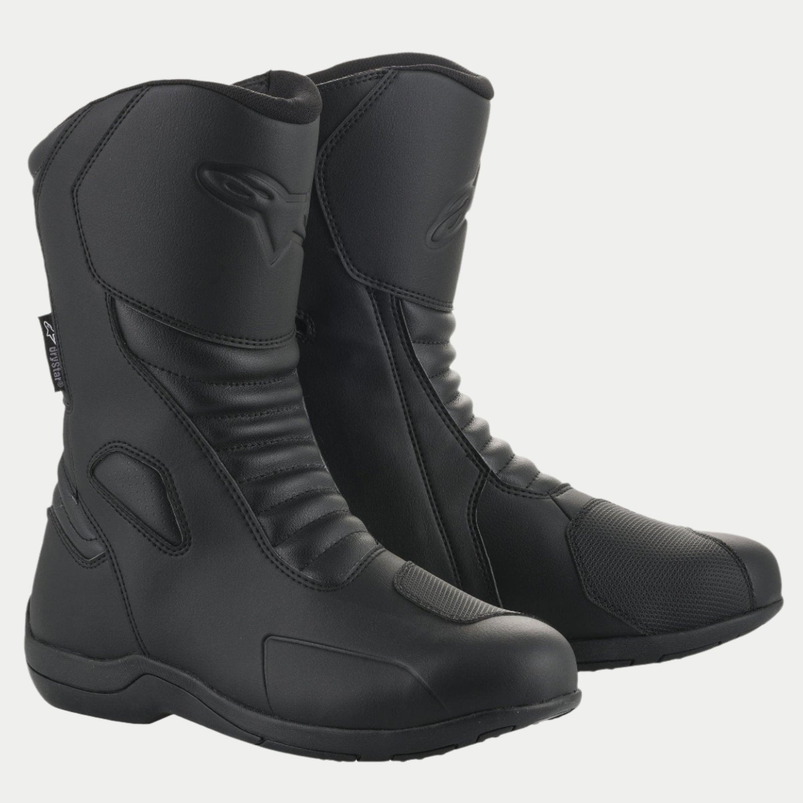 Alpinestars Origin Drystar® Boots, Waterproof Motorcycle Touring Boots, Black, featuring microfiber upper with front and rear accordion flex zones, synthetic shift pad, and embossed logo, designed for road and adventure riding