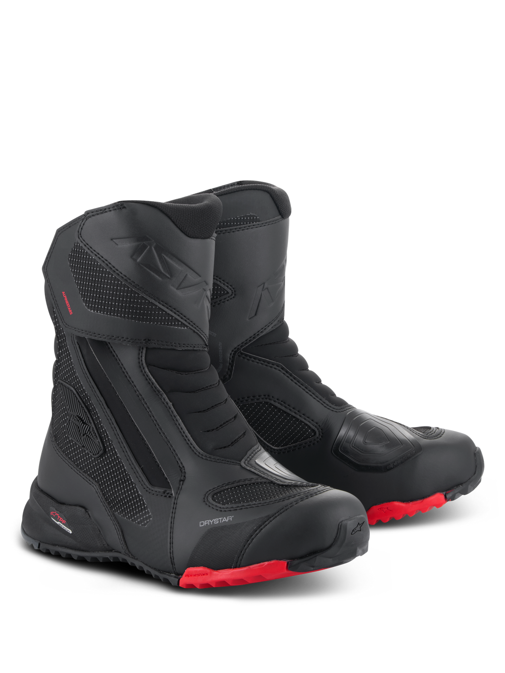 Alpinestars RT-7 Drystar Boots, Motorcycle Touring Boots, Black and Red, featuring waterproof Drystar membrane, durable textile and microfiber construction, red lugged soles, and protective reinforced areas for all-terrain adventure