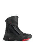 Alpinestars RT-7 Drystar Boots, Motorcycle Touring Boots, Black with Red Sole Accent, Waterproof and Breathable, Side Profile featuring Lateral Zip and Hook-and-Loop closure, Textured Textile Panels with Reflective Dots, Rugged Lugged Sole, Advanced Synthetic Construction