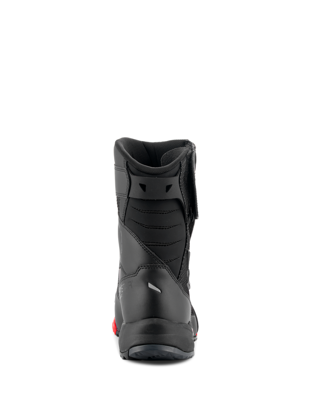 Alpinestars RT-7 Drystar® Boots, Motorcycle Touring Boots, Black and Red, rear view showing padded achilles bellows and sleek construction, waterproof protective footwear for road and adventure