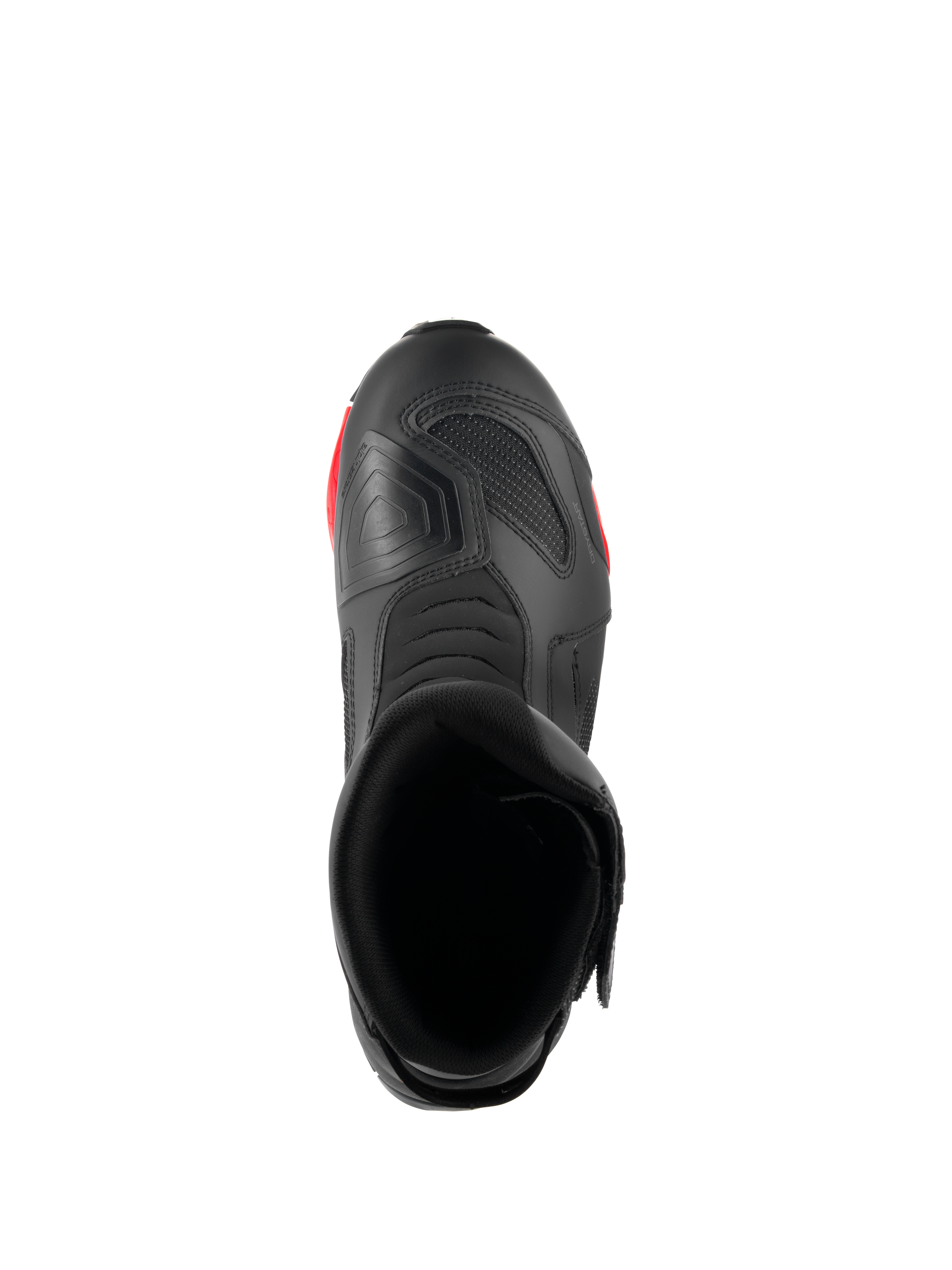 Alpinestars RT-7 Drystar® Boots, Motorcycle Touring Boots, Black and Red, top-down view showing the boot opening, interior, and textured shift pad on the toe