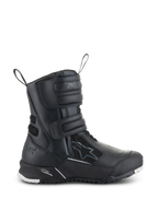 Alpinestars Women's Stella RT-7 Touring Drystar Boots, Black Motorcycle Touring Boots, side view showing triple velcro straps, waterproof microfiber and textile upper, reinforced heel with star logo, and durable lugged sole with white accents