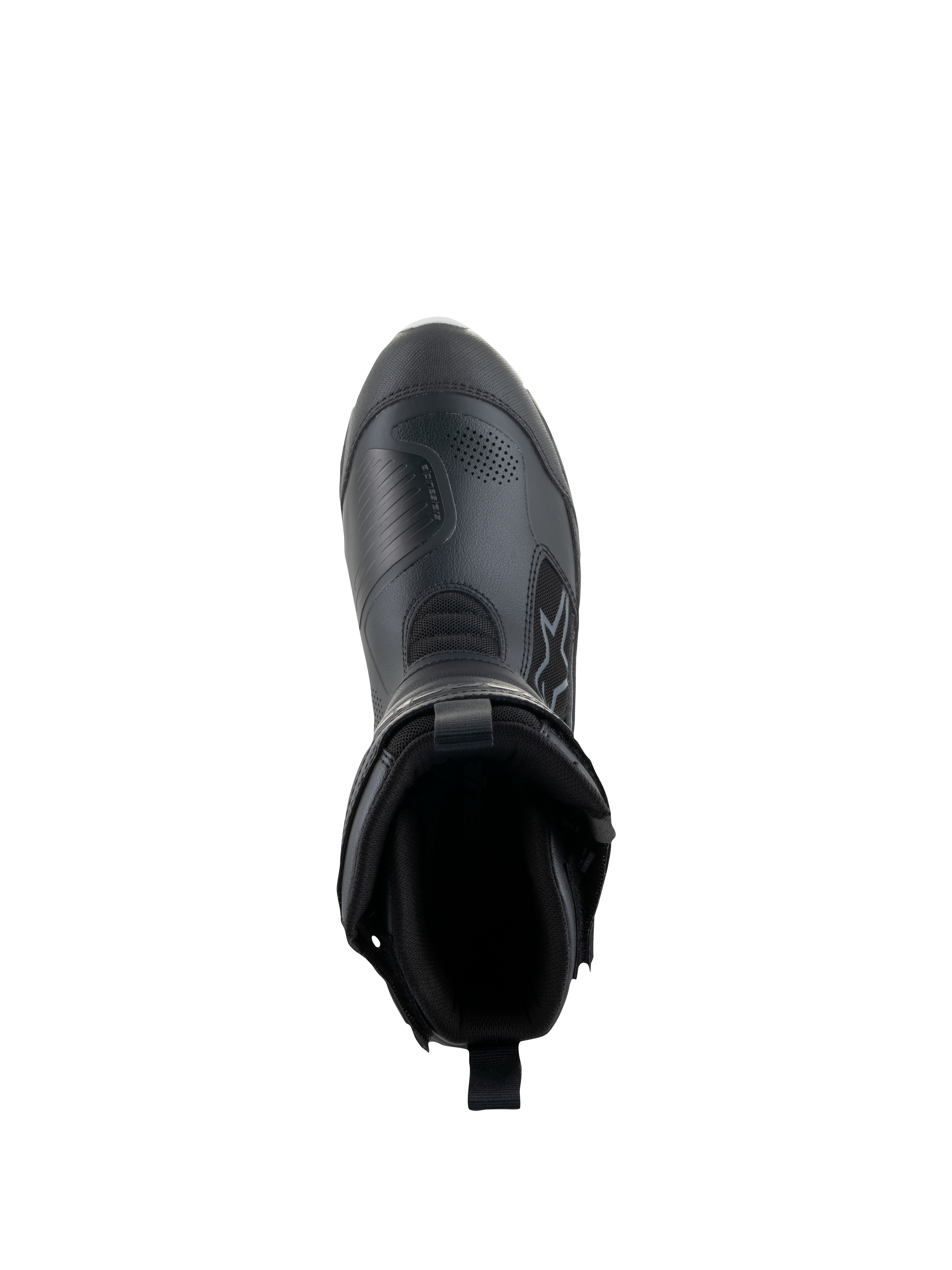 Alpinestars Women Stella RT-7 Touring Drystar® Boots, Black, top-down view showing the boot opening and interior lining, advanced microfiber and textile construction for adventure touring.