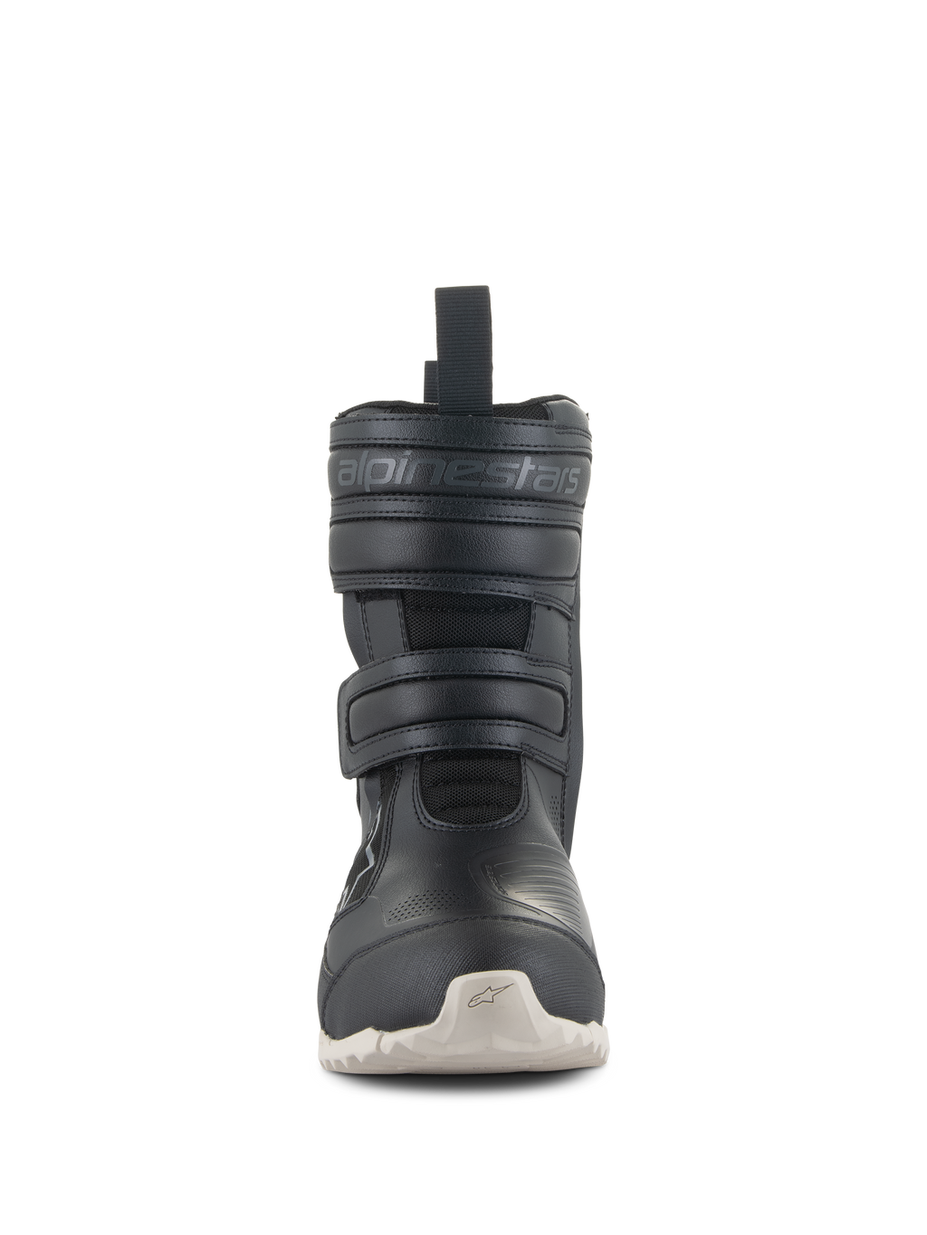 Alpinestars Women's Stella RT-7 Touring Drystar® Boots, black motorcycle touring boots with white sole, front view showing dual Velcro strap closures and embossed Alpinestars logo, technical design for road and adventure riding