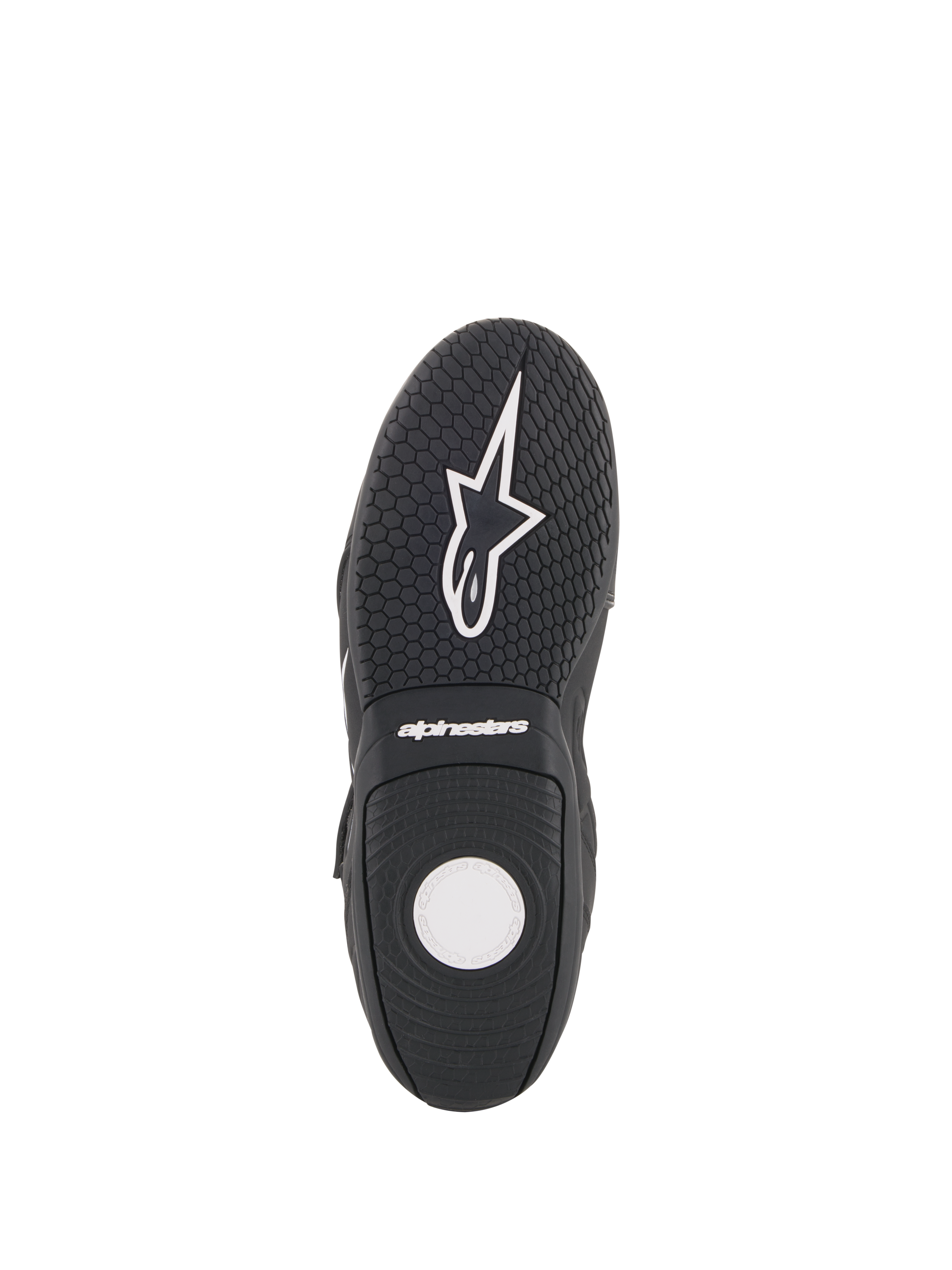 Alpinestars Fastback 2 Drystar® Waterproof Shoes, Motorcycle Riding Shoes, Black and White, sole view showing textured rubber outsole, hexagonal grip pattern, and white Alpinestars branding