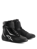 Alpinestars Fastback 2 Drystar® Waterproof Shoes, Black and White motorcycle riding shoes, high-top design with white Alpinestars logo and accents, lace-up closure with hook-and-loop ankle strap, durable construction for road touring.