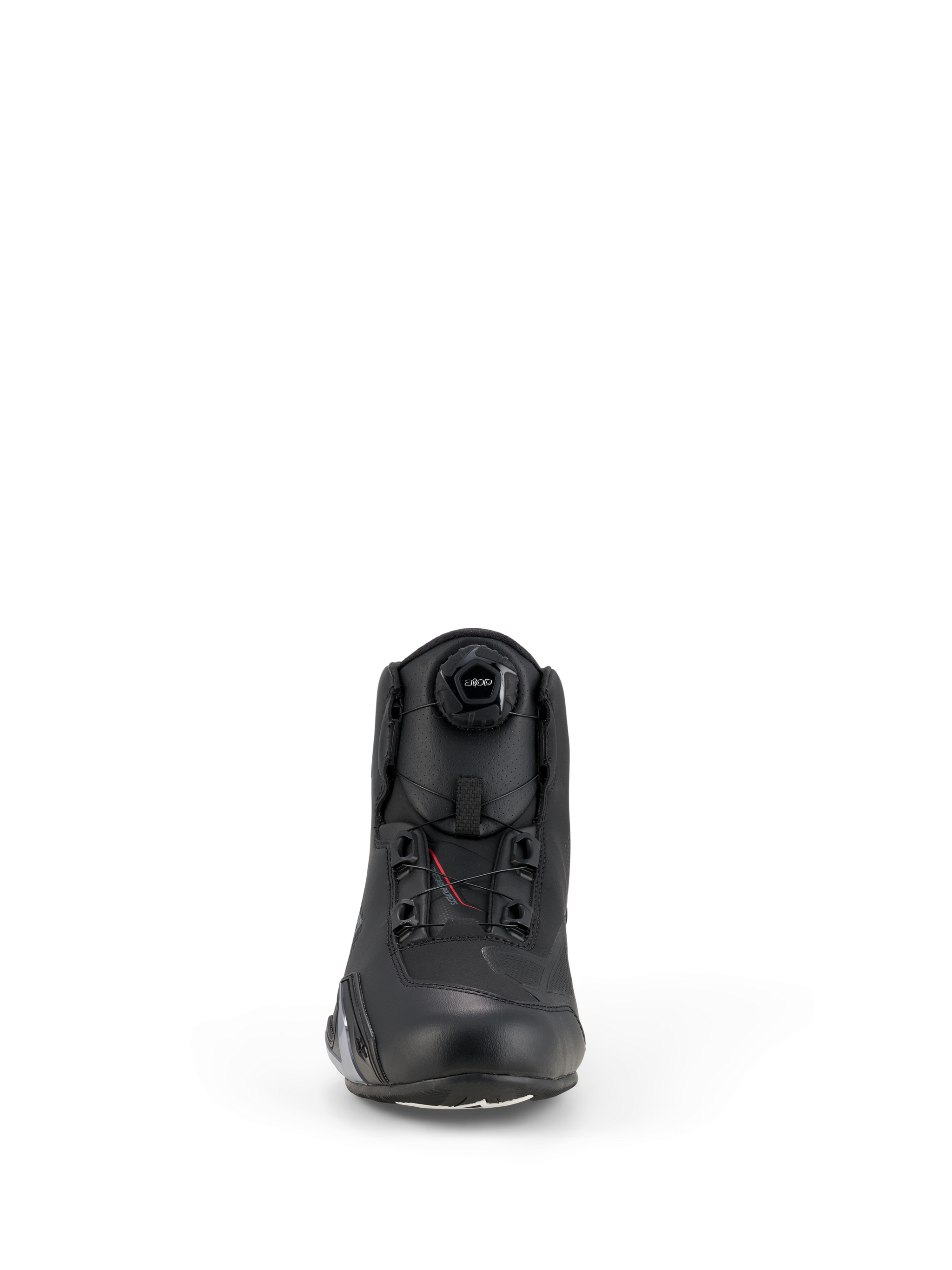 Alpinestars Celer Shoes, Motorcycle Riding Shoes, Black, front view featuring the integrated Rotor Closure System dial, technical microfiber construction with a streamlined profile and reinforced toe area.