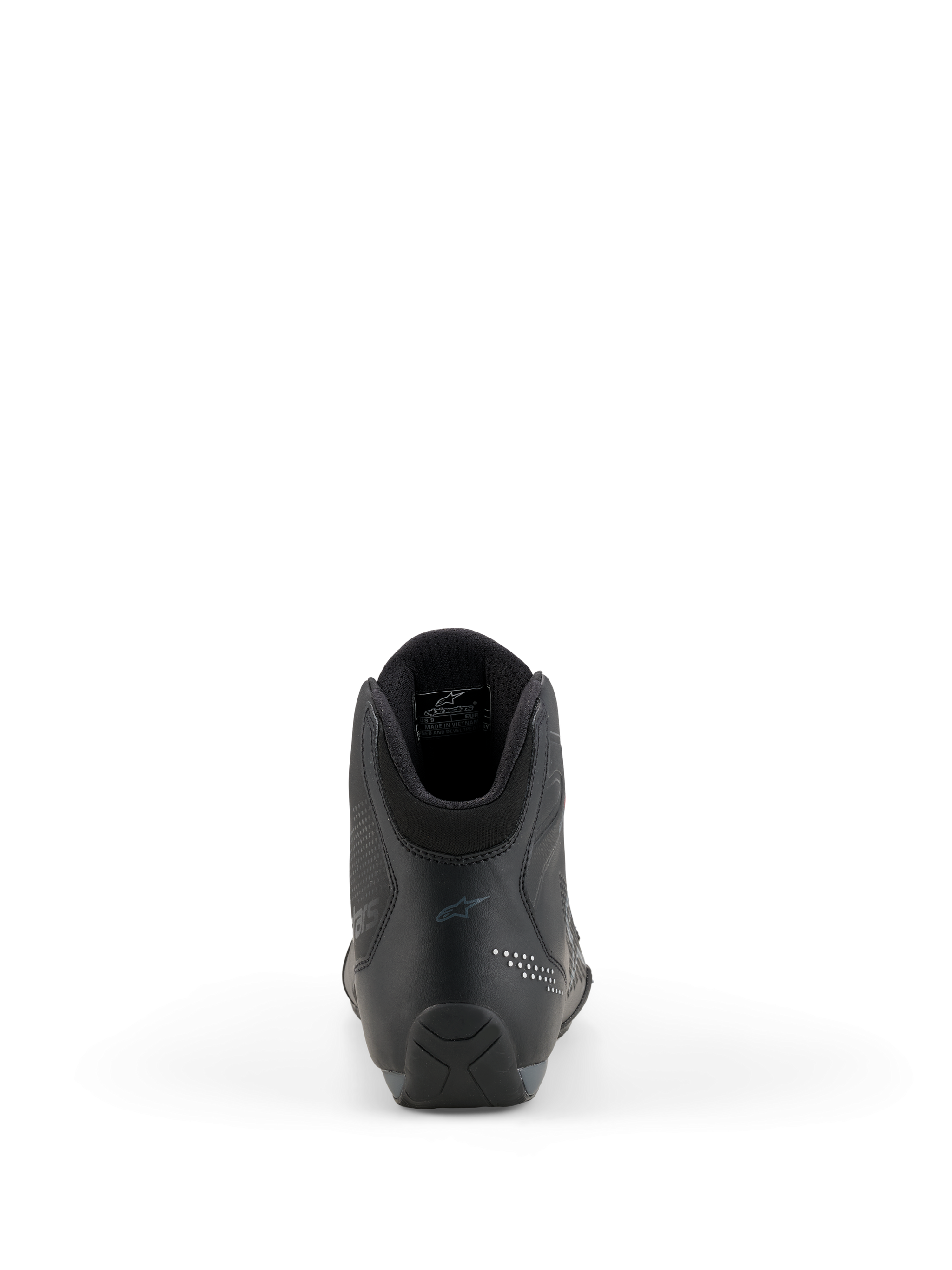 Alpinestars Celer Shoes, motorcycle riding shoes, Black and Dark Gray, rear view highlighting the reinforced heel, ankle collar, and subtle branding, technical microfiber construction for sport and racing riders