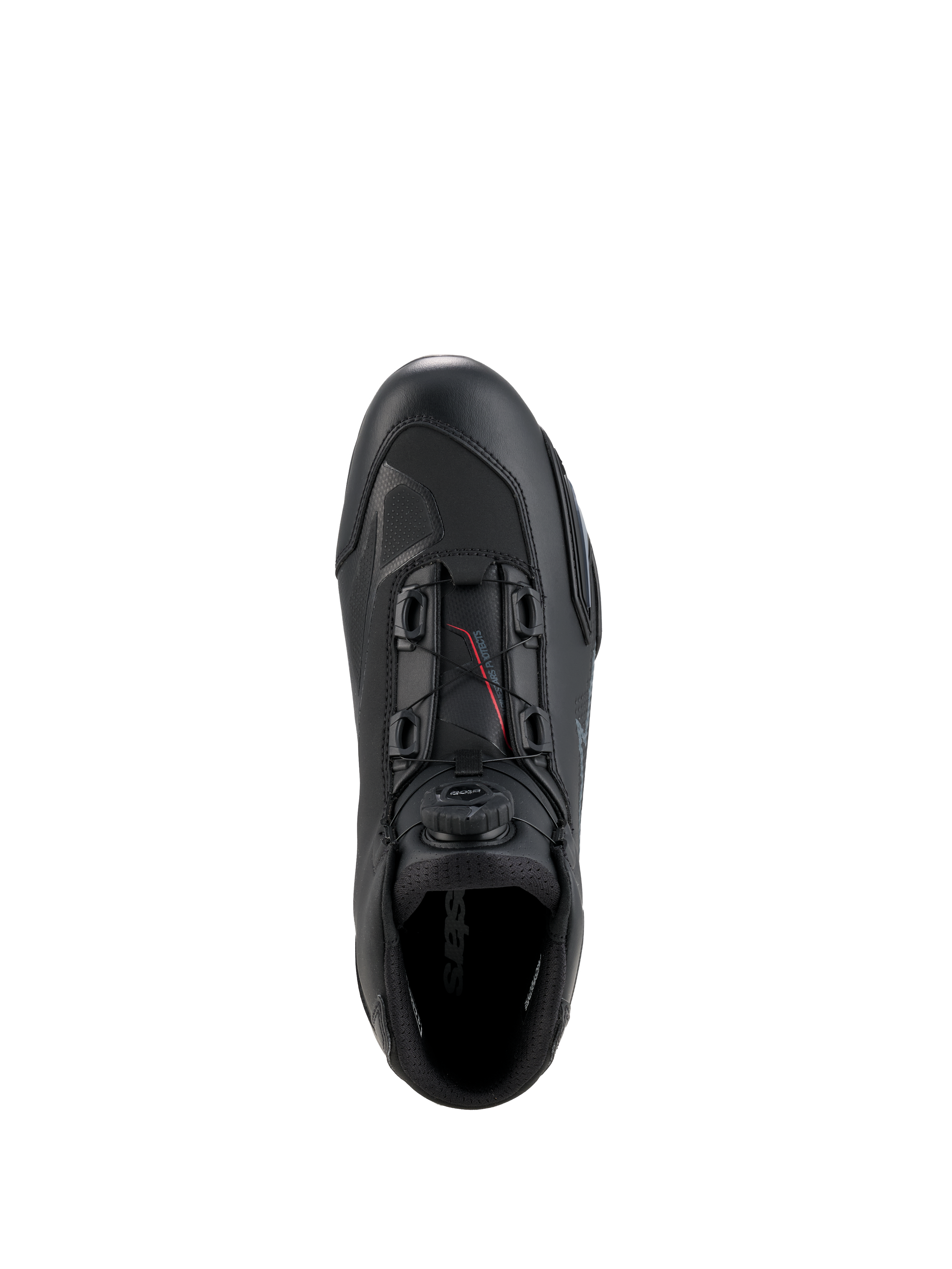 Alpinestars Celer Shoes, Motorcycle Riding Shoes, Black and Dark Gray, top-down view showing the Rotor Closure System dial and cables, technical microfiber construction with streamlined racing profile, protective sport footwear