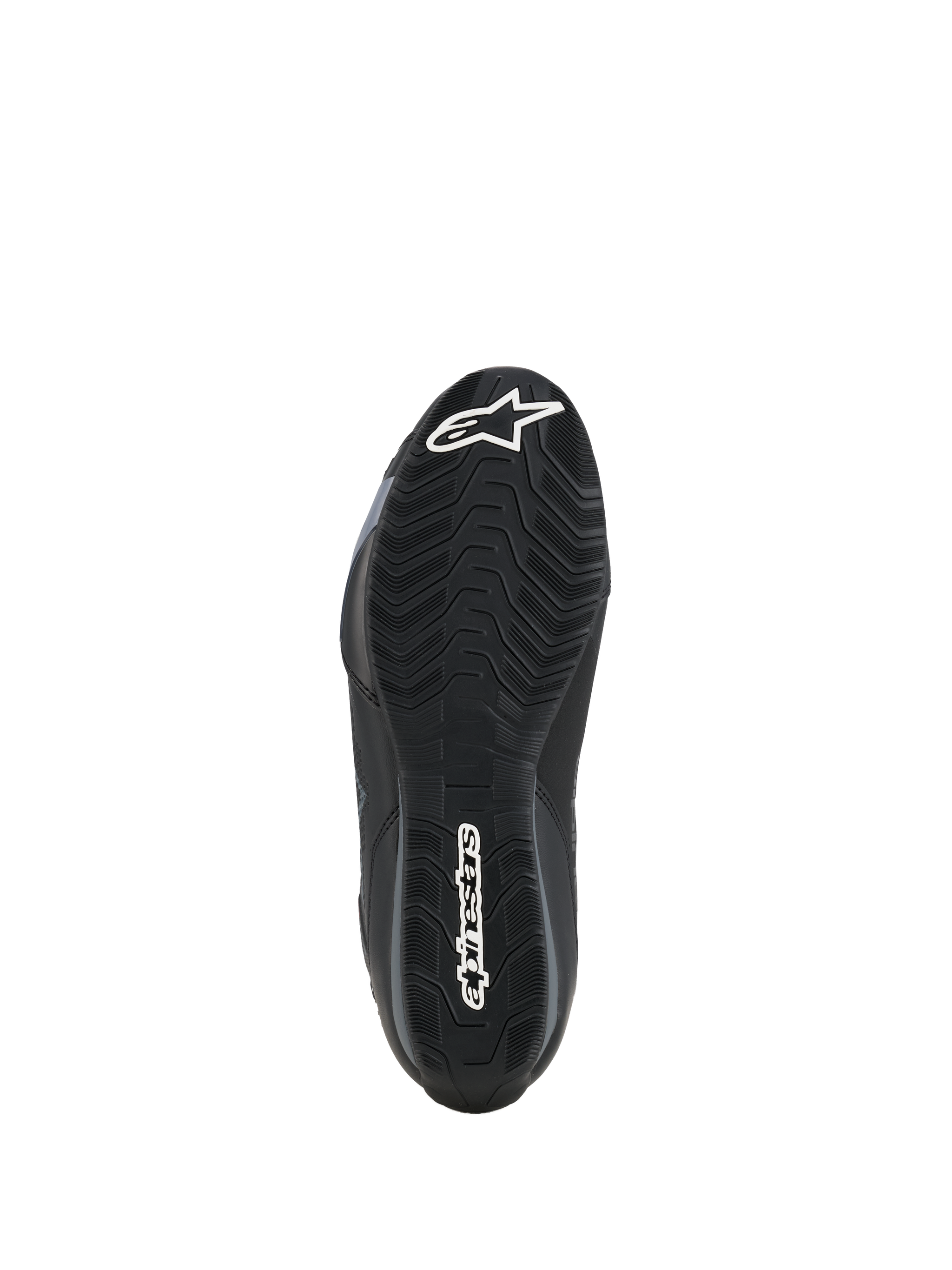 Alpinestars Celer Shoes, bottom sole view, black oil-resistant rubber compound with textured wavy grip pattern, featuring white Alpinestars branding on the toe and heel, designed for motorcycle footpeg traction.