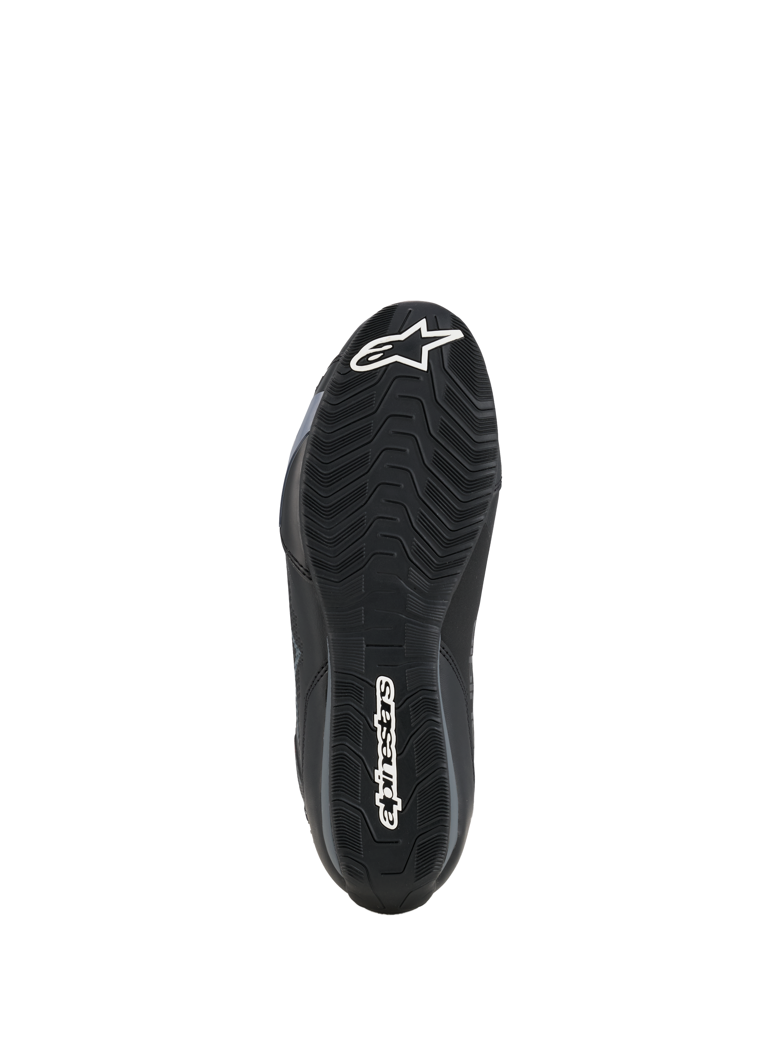 Alpinestars Celer Shoes, bottom sole view, black oil-resistant rubber compound with textured wavy grip pattern, featuring white Alpinestars branding on the toe and heel, designed for motorcycle footpeg traction.