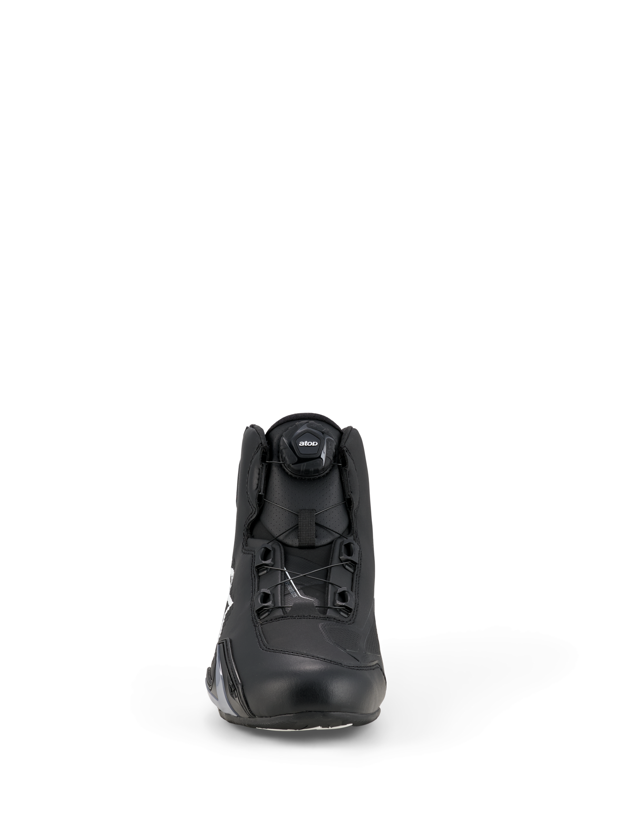 Alpinestars Celer Shoes, Motorcycle Riding Shoes, Black and White, front view showing the innovative Rotor Closure System dial, technical microfiber construction, sleek sport performance design