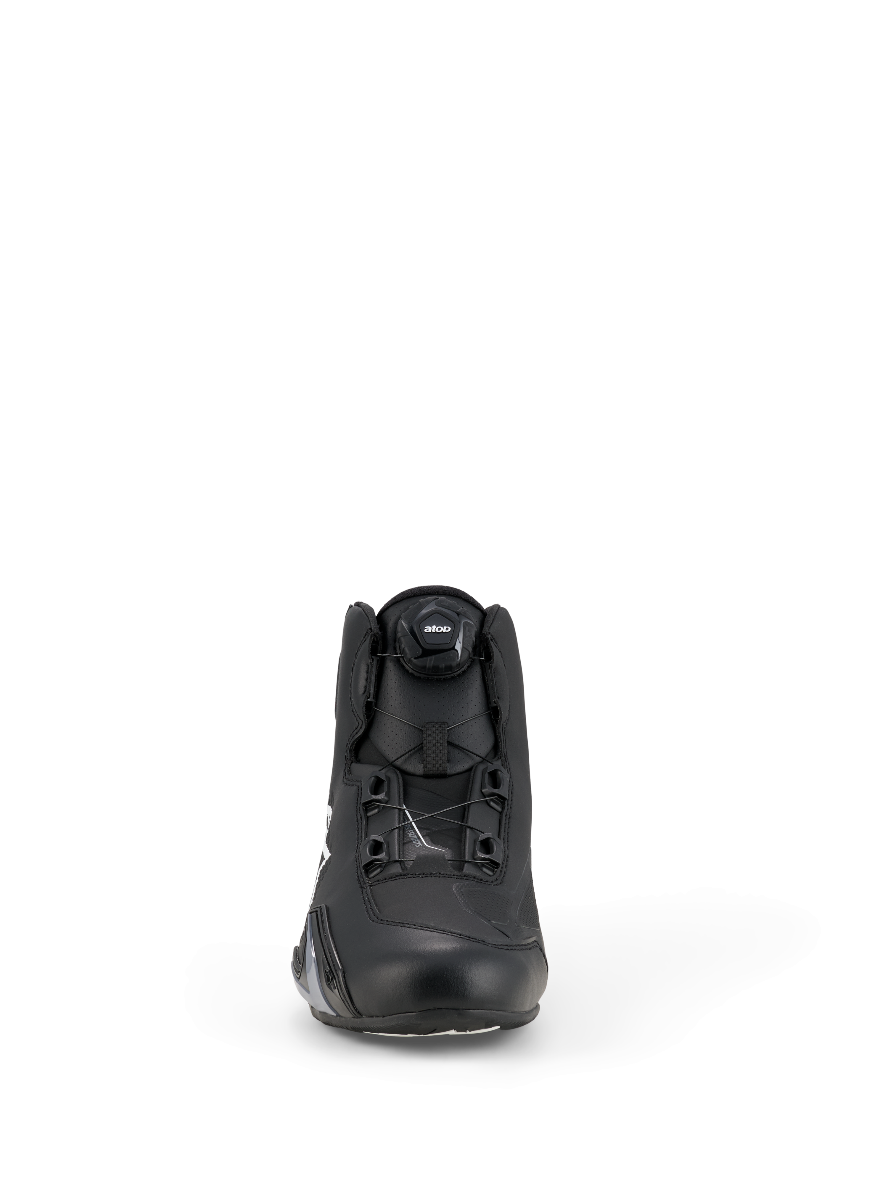 Alpinestars Celer Shoes, Motorcycle Riding Shoes, Black and White, front view showing the innovative Rotor Closure System dial, technical microfiber construction, sleek sport performance design