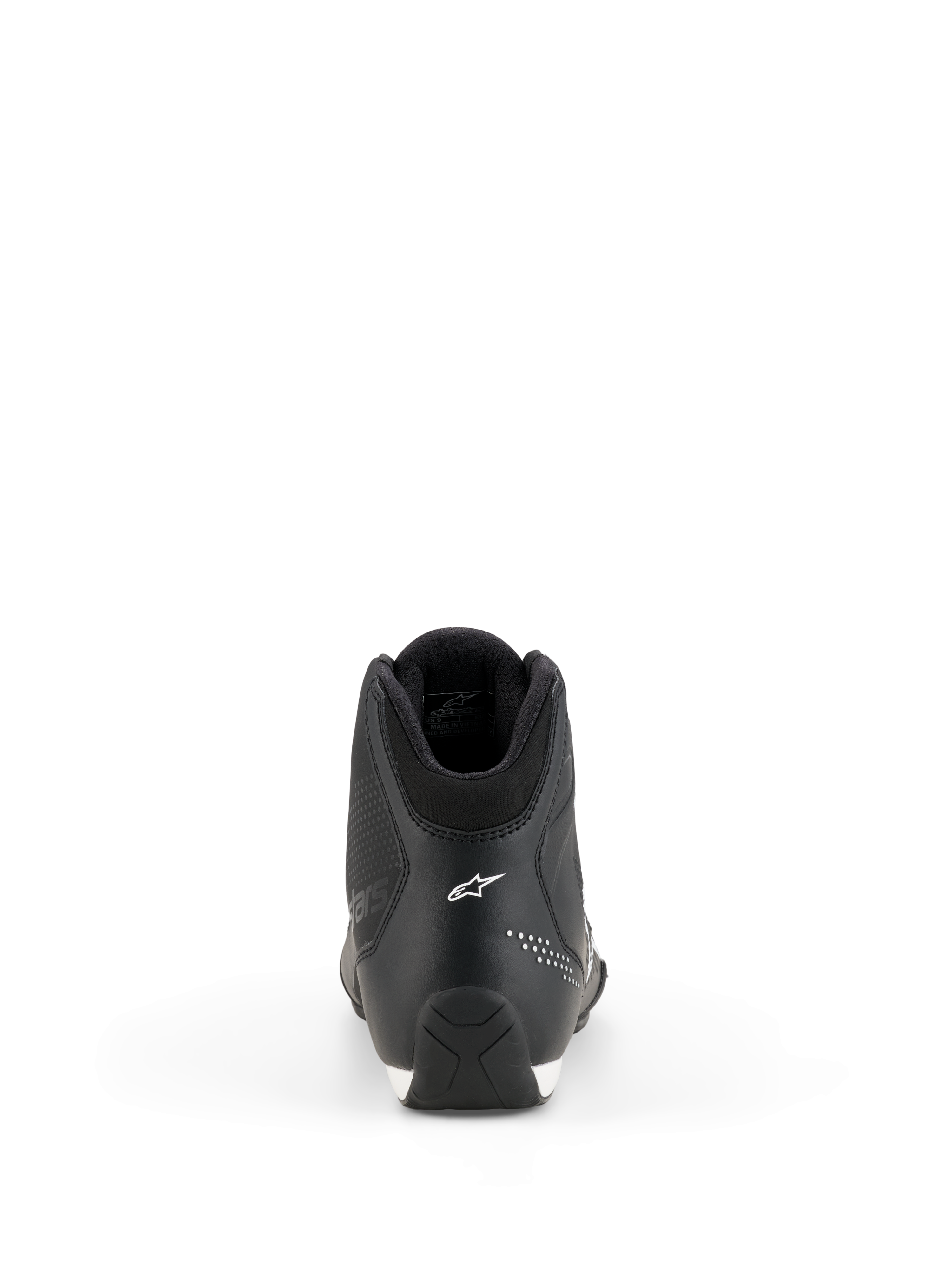 Alpinestars Celer Shoes, Motorcycle Riding Shoes, Black and White, rear view showing the heel construction, white Alpinestars star logo, micro-perforated details, and textured rubber sole for sport performance riding