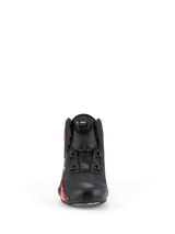 Alpinestars Celer Shoes, Motorcycle Riding Shoes, Black and Bright Red, front view featuring the Rotor closure system dial, technical microfiber upper, and streamlined racing-inspired design