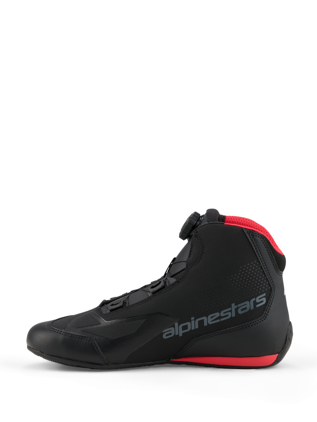 Alpinestars Celer Shoes, Motorcycle Riding Shoes, Black and Bright Red, side profile view featuring the Alpinestars Rotor closure dial, microfiber upper with grey branding logo, and red accents on the mesh collar and sole.