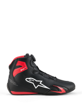 Alpinestars Celer Shoes, Black and Red High-Top Motorcycle Shoes, White Star Logo, Sporty Design with Perforated Details, Padded Ankle, Grip Sole