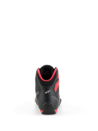 Alpinestars Celer Shoes, Motorcycle Riding Shoes, Black and Bright Red, rear view showing white Astar logo on the heel and bright red collar padding, sleek sport performance design