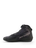 Alpinestars Celer Superair Shoes, Black and Dark Gray, sport riding motorcycle shoes, side profile view featuring high-airflow textile upper, Rotor Closure System dial, and gray Alpinestars branding on the side.