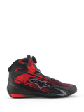 Alpinestars Celer Superair Shoes, motorcycle riding shoes, Black and Bright Red, side view featuring a streaked graphic textile upper, gray Alpinestars logo, and Rotor Closure System dial, sporty performance footwear for motorcyclists