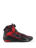 Alpinestars Celer Superair Shoes, motorcycle riding shoes, Black and Bright Red, side view featuring a streaked graphic textile upper, gray Alpinestars logo, and Rotor Closure System dial, sporty performance footwear for motorcyclists