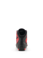 Alpinestars Celer Superair Shoes, Rear View, Black and Bright Red, featuring reinforced microfiber heel, breathable red airflow textile side panels with graphic design, and cushioned collar with 3D mesh lining, sport motorcycle riding footwear