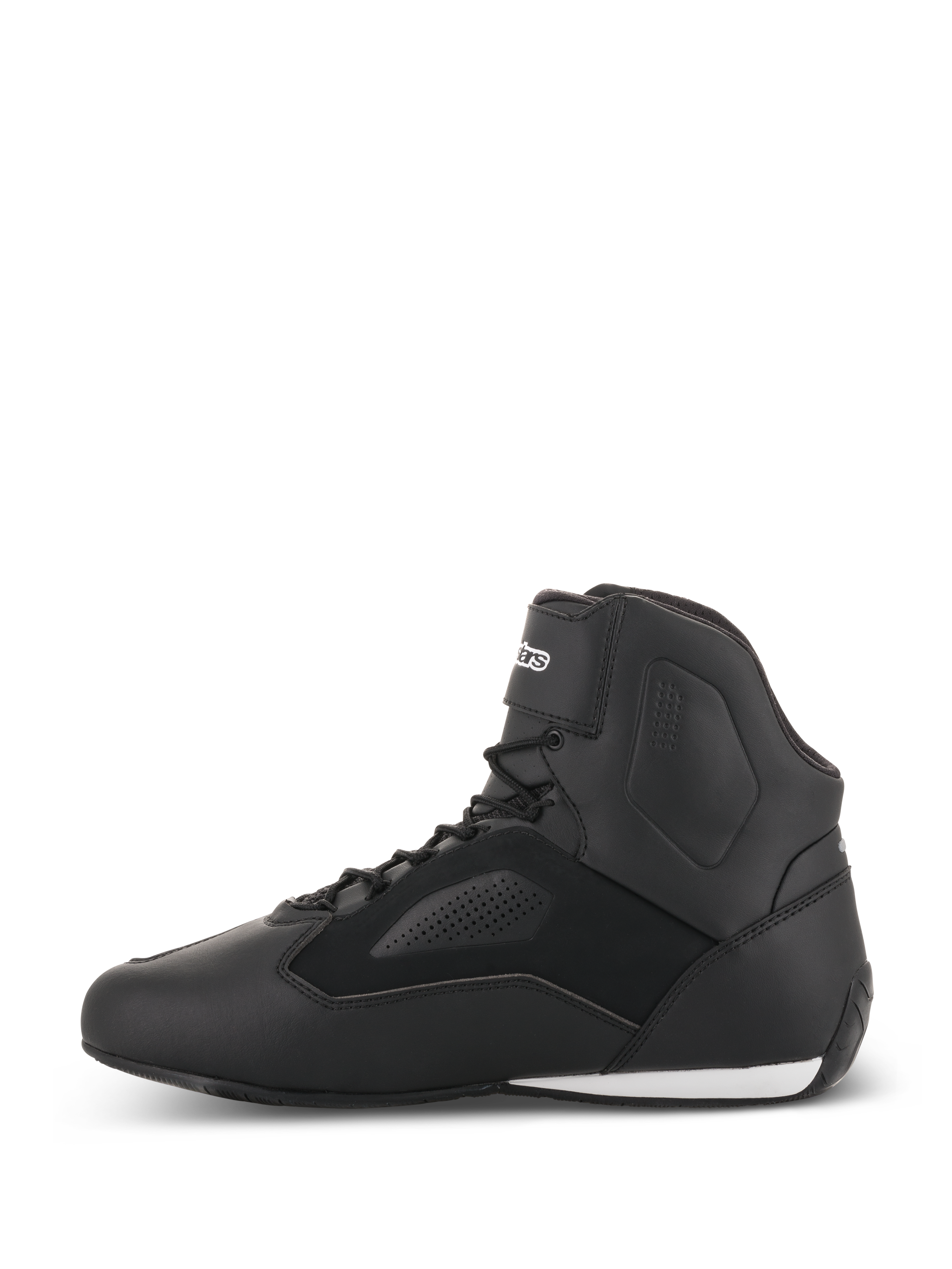 Alpinestars Faster-3 Rideknit® Shoes, Motorcycle Riding Shoes, Black, side profile view, features a lightweight microfiber upper with perforated panels, lace-up closure with a secure ankle strap, and sleek road racing design