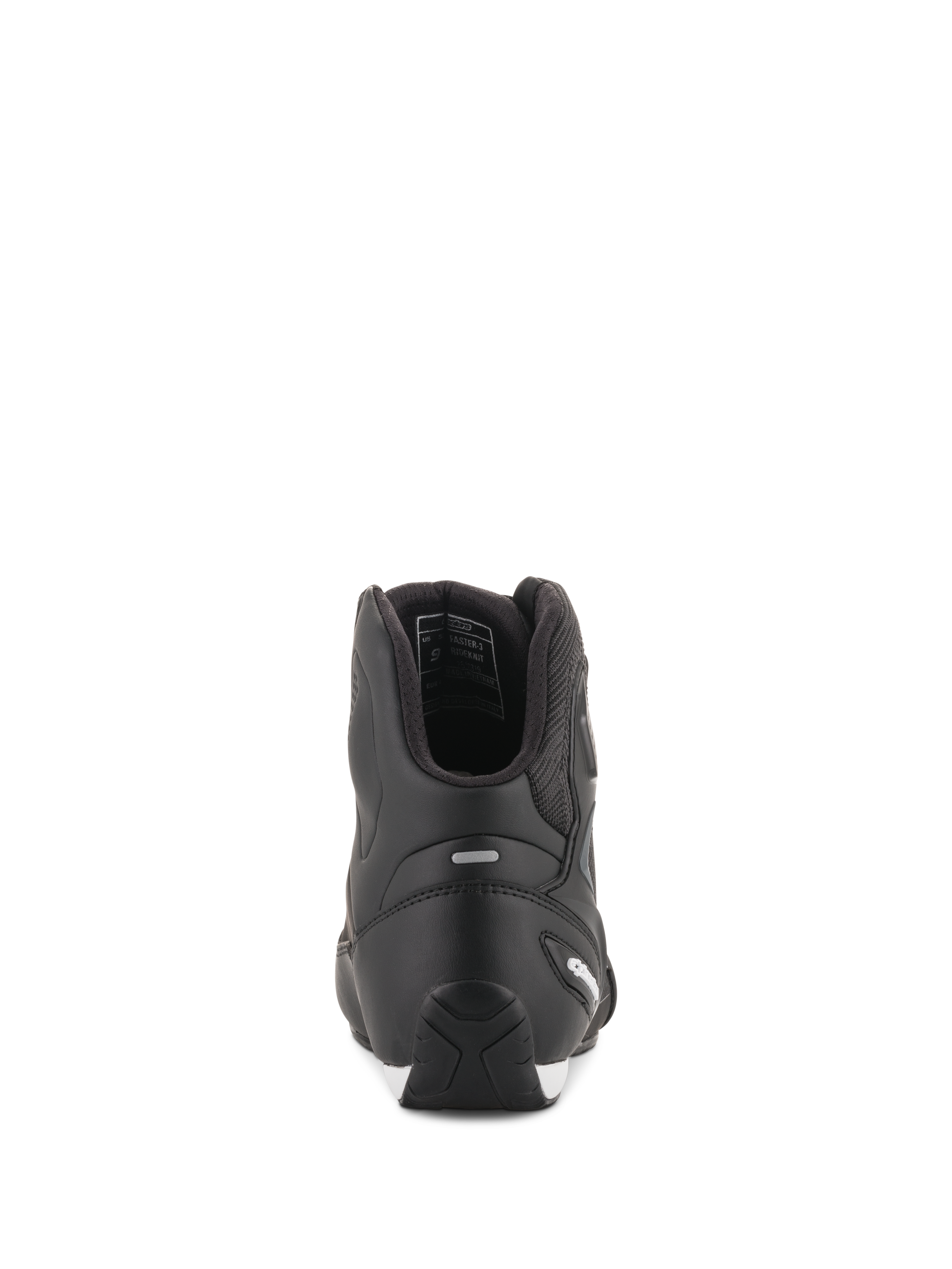 Alpinestars Faster-3 Rideknit® Shoes, Black Motorcycle Riding Shoes, rear view showing TPR heel counter and microfiber construction, sleek and protective road racing footwear